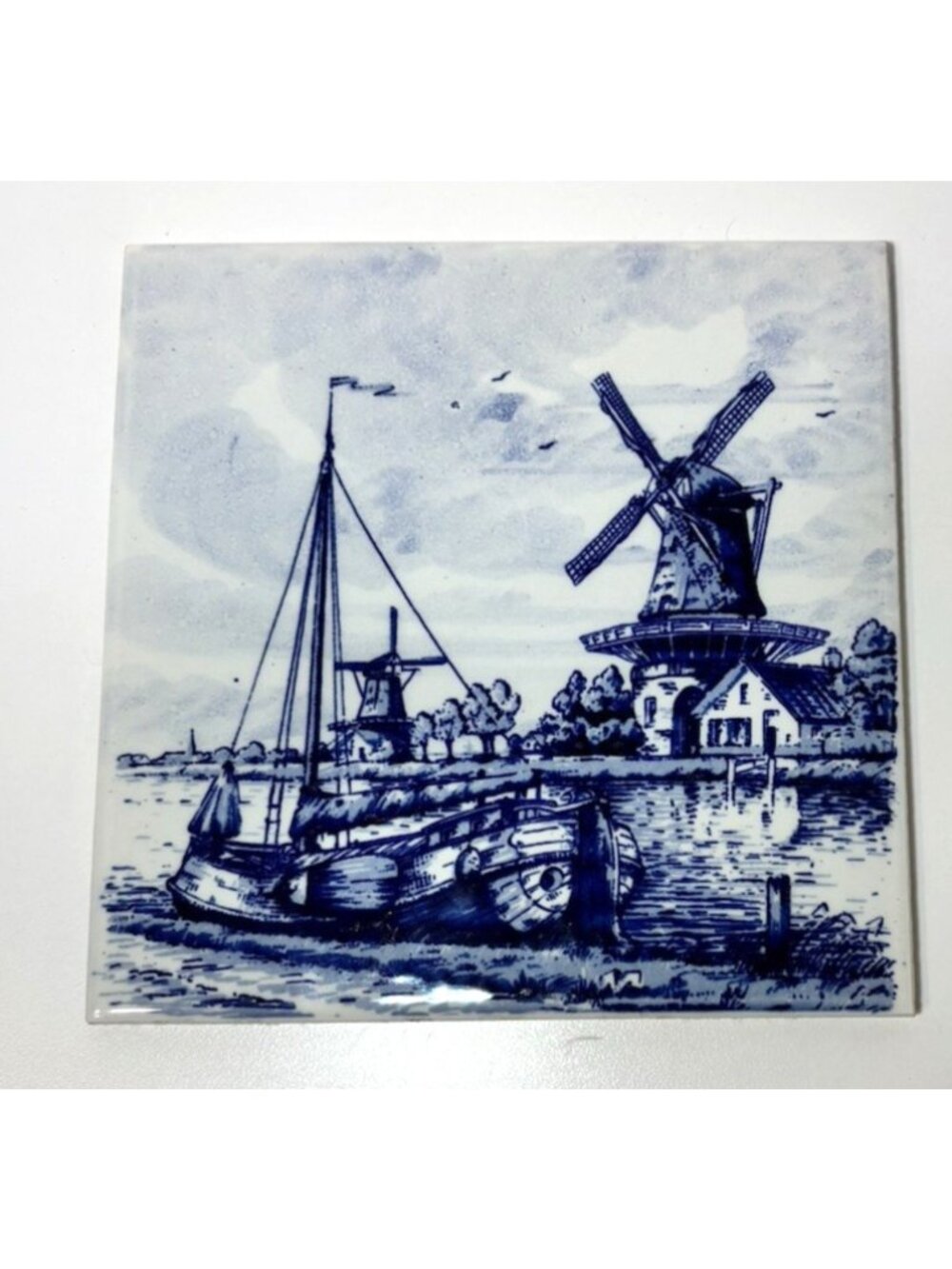 Vintage Blue & White Windmill Scenic Ceramic Decorative Tile Mid-Century